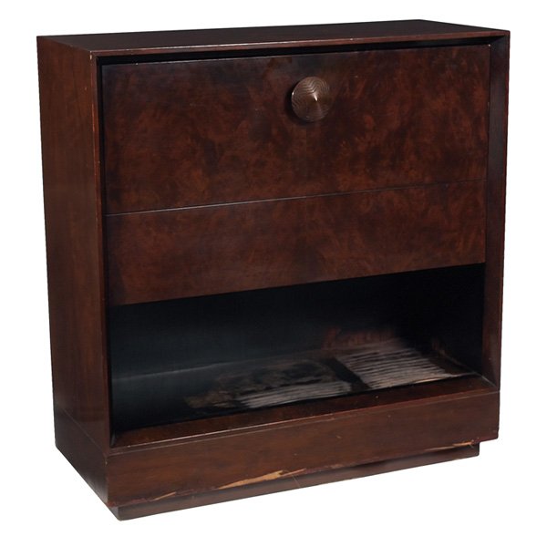 Unusual Gilbert Rohde Paldao Group bar cabinet, mo: Unusual Gilbert Rohde Paldao Group bar cabinet, by Herman Miller, burled wood, platform base, drop-down door conceals a mirrored area and a laminate surface, a variation of model 4101, original finish