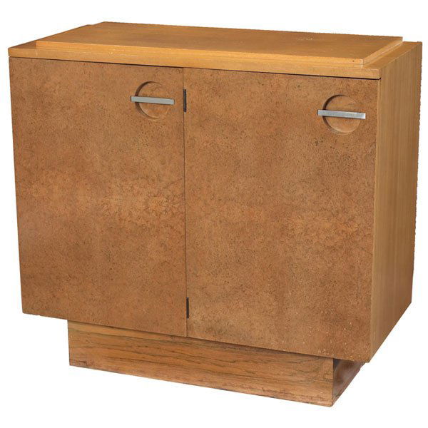 Gilbert Rohde Formal Dining Group server cabinet,: Gilbert Rohde Formal Dining Group server cabinet, by Herman Miller, 1930s, model 3725, Maidou burl and mahogany case over a rosewood platform base, two doors with round cutouts with horizontal nickel