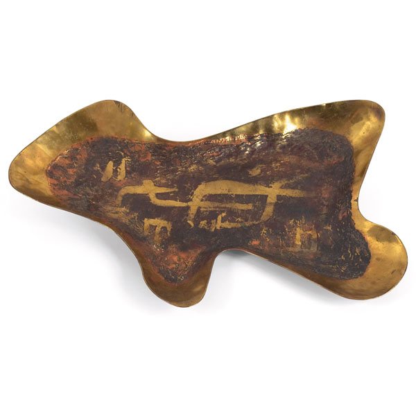 Ed Wiener brass tray: Ed Wiener tray, brass, biomorphic shape with textured detail to surface, signed hand wrought "Ed Wiener", 13.5"w x 9"d x 1.5"h, excellent original condition