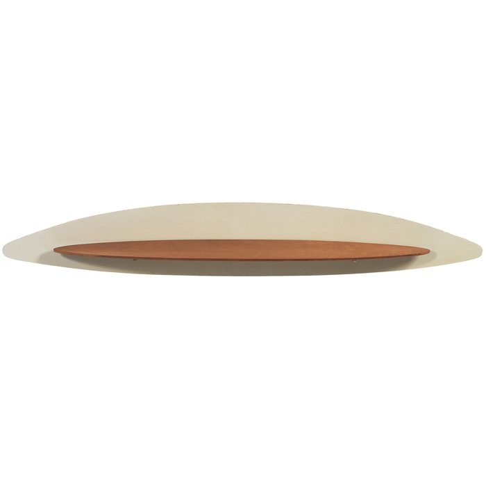 Stewart & MacDougall "Sun Coast Surf Console", Dre: Kipp Stewart & Stewart MacDougall "Sun Coast Surf Console" wall shelf, by Drexel, 1959, an elliptical concave molded plywood backboard panel with the original lacquered finish supports an elliptical m