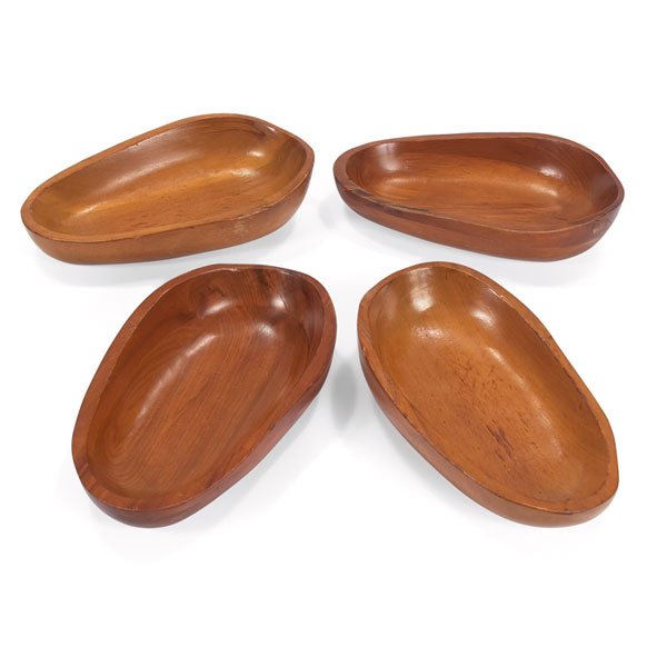 Russel Wright wood salad bowls, four: Early Russel Wright wooden salad bowls, four, from Russel Wright's studio, original finish, each signed with branded mark "Russel Wright", 9.75"w x 5.25"h, very good original condition
