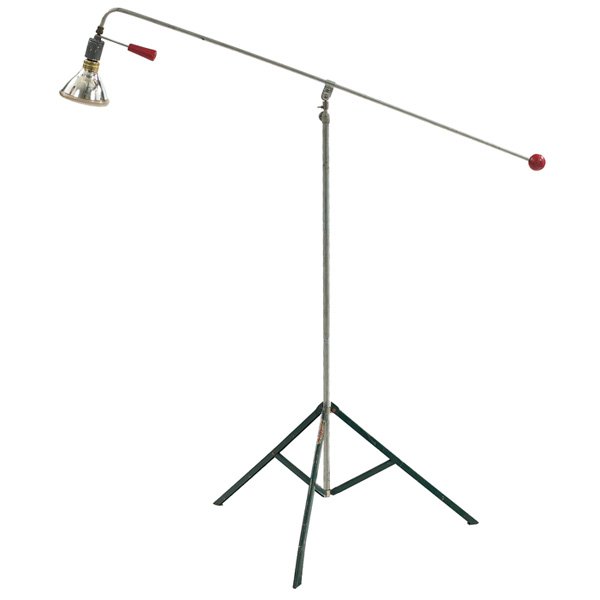Roland Smith floor lamp, Victor, single arm: Roland Smith floor lamp, by Victor, c. 1948, collapsible metal tripod base supports an adjustable boom arm with red ball counterweight, red handle with original finish, signed with Victor Photographic