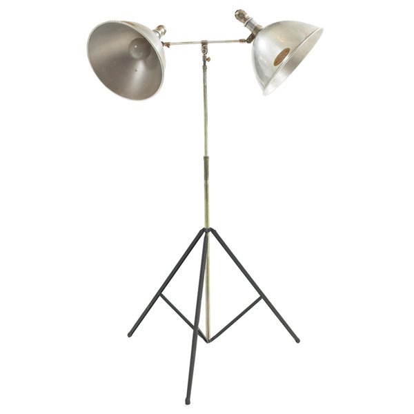 Roland Smith floor lamp, Victor, two shades: Roland Smith floor lamp, by Victor, c. 1948, collapsible metal tripod base supports two adjustable aluminum shades, signed with Victor Photographic Products labels, as shown: 34"h x 50"w, very good or