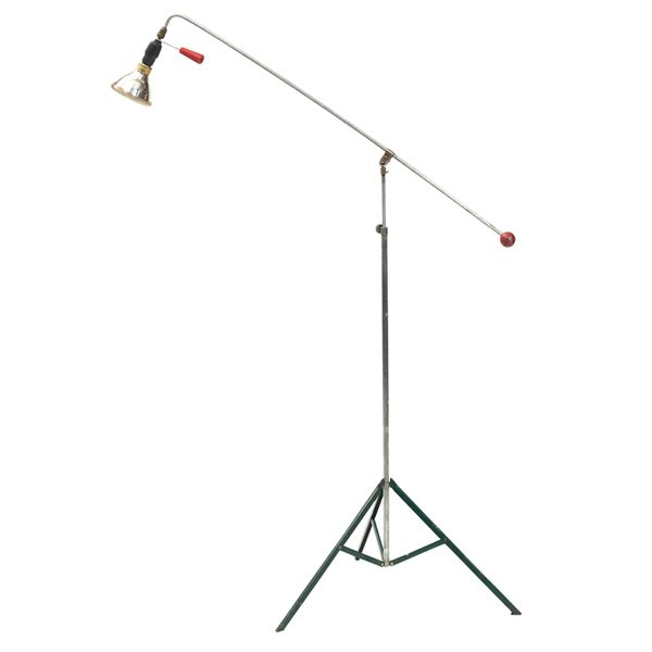 Roland Smith floor lamp, Victor, single arm: Roland Smith floor lamp, by Victor, c. 1948, collapsible metal tripod base supports an adjustable boom arm with red ball counterweight, red handle with original finish, as shown: 44"h x 50"w, very goo