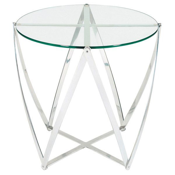 John Vesey occasional table, USA: John Vesey occasional table, USA, c. 1958, polished aluminum, architectural frame elements hold a round glass top, cross-shaped support under the top, 25"dia x 24.5"h, excellent original condition