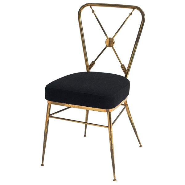 Gio Ponti Compass chair, brass: Gio Ponti Compass chair, attribution, brass frame with arrows detail to back, black wool upholstered seat, 16.5"w x 20"d x 34"h, dents to frame, good original condition