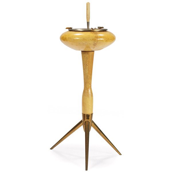 Aldo Tura ash stand, goat skin: Aldo Tura ash stand, Italy, goatskin over wood, tapered brass legs, original finish, unsigned, 8.5"dia x 24"h, very good original condition
