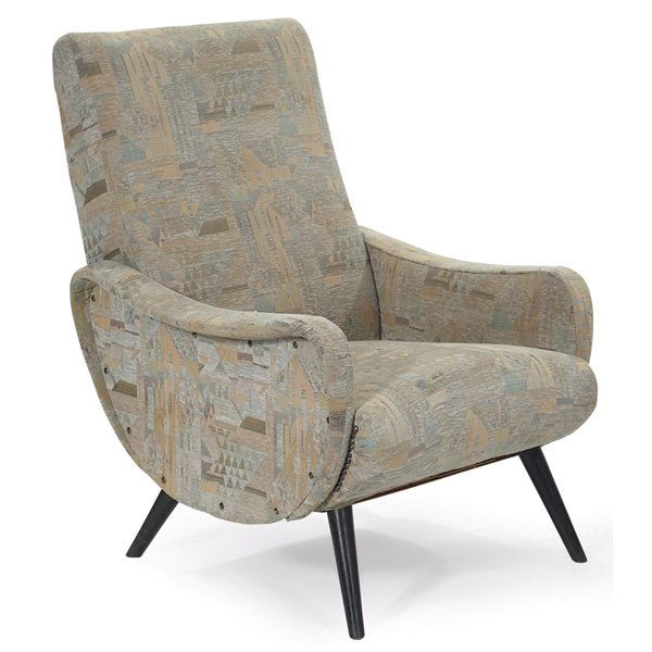 Marco Zanuso Lady chair, 1950s: Marco Zanuso Lady chair, by Arflex, Italy, 1950s, sculptural sides, flared black wood legs, reupholstered, 26.5"w x 32"d x 36"h, wear to upholstery, good condition