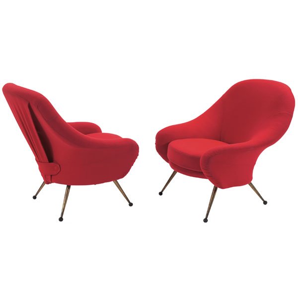 Marco Zanuso Martingala chairs pair red Arflex: Marco Zanuso "Martingala" chairs, pair, by Arflex, upholstered seats with gathered panel detail to backs, tapered brass legs, black ball feet, reupholstered in red wool fabric, unsigned, 31.5"w x 34"d