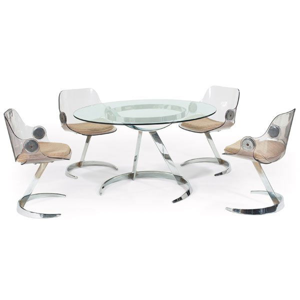 Boris Tobacoff dining set, table and four chairs,: Boris Tobacoff dining set, by Modilier Modulaire Moderne, France, 1970s, half-moon chromed steel shaped bases, table with round glass top, chairs with plexiglass backrests, original padded seat cushio