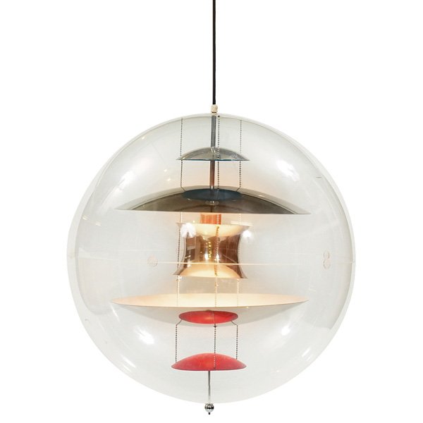 Large Verner Panton VP globe: Large Verner Panton VP Globe, by Louis Poulsen, Denmark, vintage production, c. 1969, two acrylic hemispheres form a ball, interior elements of enameled and chrome-plated metal with steel ball chains,