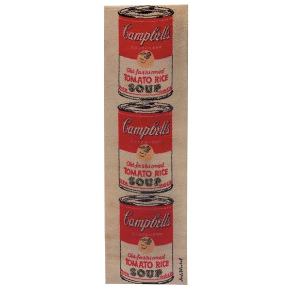 After Andy Warhol Tomato Rice soup rug/runner: After Andy Warhol "Tomato Rice Soup", runner/rug, by Ege Rya, 1960s, from an edition of 2500, wool, remnant of a label, 31" x 102.5", good original condition