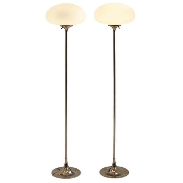 Laurel floor lamps, pair, glass shades: Laurel floor lamps, pair, 1960s, polished metal bases with frosted opaque white glass shades, original finish, 12"dia x 57"h, excellent original condition