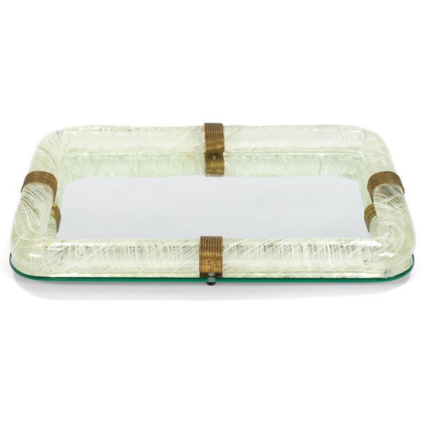 Venini perfume tray, mirrored bottom: Venini perfume tray, Murano, Italy, rectangular form with a thick border of round clear glass with white latticino inclusions, brass trim, mirrored bottom, 16"w x 10"d x 2"h, mirror replaced, excellen