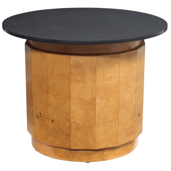 Edward Wormley occasional table, Dunbar, slate top: Edward Wormley occasional table, by Dunbar, sixteen-sided burled wood base supports the original round slate top, original finish, signed with rectangular brass label and paper label indicating slate 