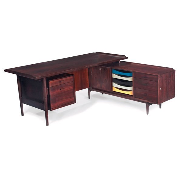 Arne Vodder desk and Return, Sibast, rosewood: Arne Vodder desk and return, by Sibast, Denmark, rosewood, desk with lip to edges, return with lip to back, sliding door conceals colorful drawers, backs of both pieces are finished, desk has a privac