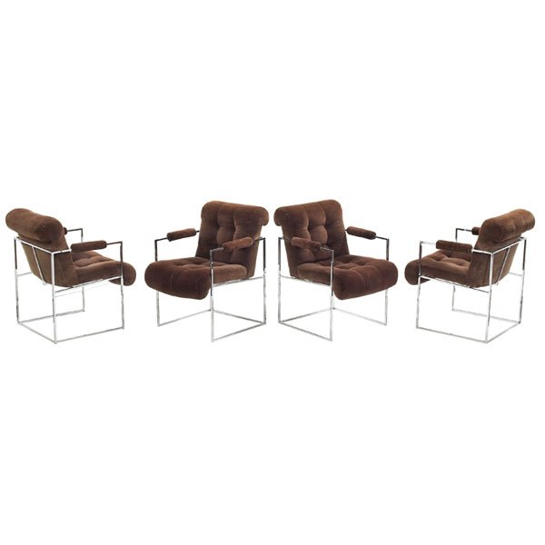 Milo Baughman dining chairs, Thayer Coggin, four: Milo Baughman dining chairs, four, by Thayer Coggin, square tubular chrome frames support tufted seat cushions, original brown velour upholstery, all signed with Thayer Coggin labels, 23.5"w x 25"d x