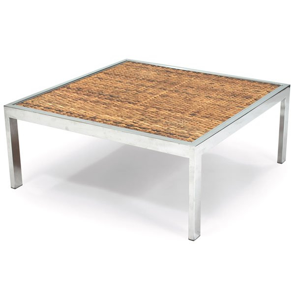 Gabriella Crespi coffee table, attribution bamboo: Gabriella Crespi coffee table, attribution, square chromed metal form with an inset woven bamboo surface to the top, inset plastic feet, unsigned, 36"w x 36"d x 15"h, excellent original condition