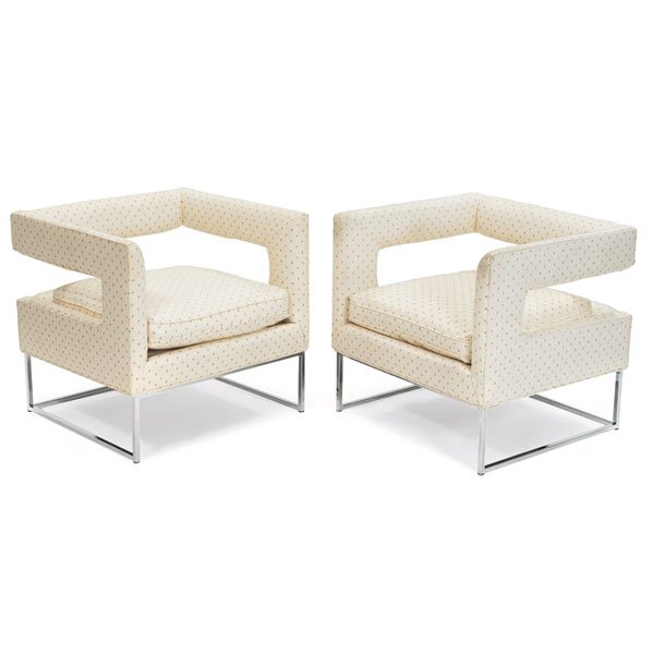 1970s cube chairs, Milo Baughman, attribution: 1970s cube lounge chairs, pair, geometric forms with an open area at back, square tubular chrome frames, reupholstered, Klingman's of Grand Rapids labels, 28"w x 26"d x 26"h, wear to armrests, very go