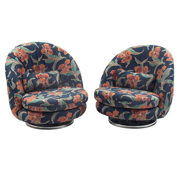 Milo Baughman lounge chairs, Thayer Coggin, floral: Large Milo Baughman lounge chairs, pair, by Thayer Coggin, egg-shaped forms that swivel and rock slightly over round chrome bases, original floral upholstery, signed with "Thayer Coggin designed by Mi