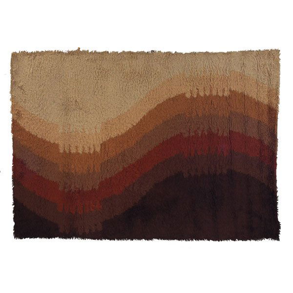 Ege Rya Sunrise rug, Denmark: Ege Rya "Gotland" rug, Denmark, made by Scandinavian Folklore Carpets APS, 100% wool, brown, rust and tan, signed with Ege Rya label, 72" x 108", very good original condition