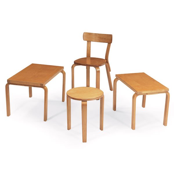 Alvar Aalto items, four, two tables, chair, stool,: Alvar Aalto furniture, by Artek, four pieces, birch, two tables, one chair and one stool, all with the original finish, all unsigned, large table: 27.5"w x 18"d x 17"h, small table: 23.25"w x 16"d x 1