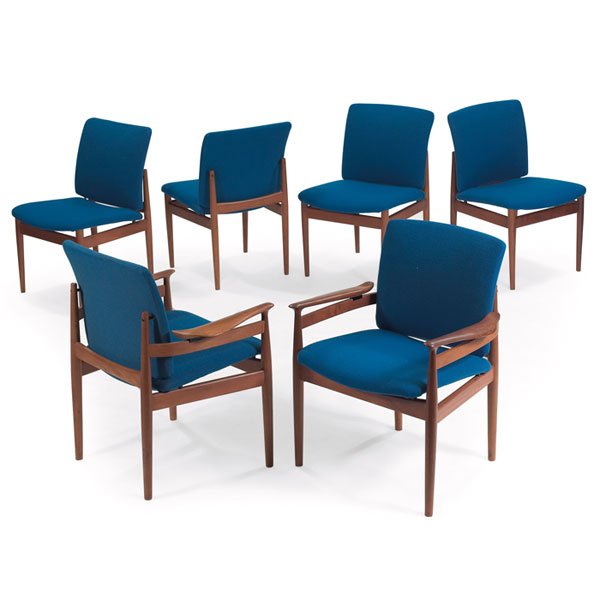 Finn Juhl dining chairs, four, from John Stuart: Finn Juhl dining chairs, six, by France & Sons, Denmark, original bright blue wool upholstery, original finish, armchairs: 28"w x 24"d x 33.5"h, side chairs: 22"w, excellent original condition