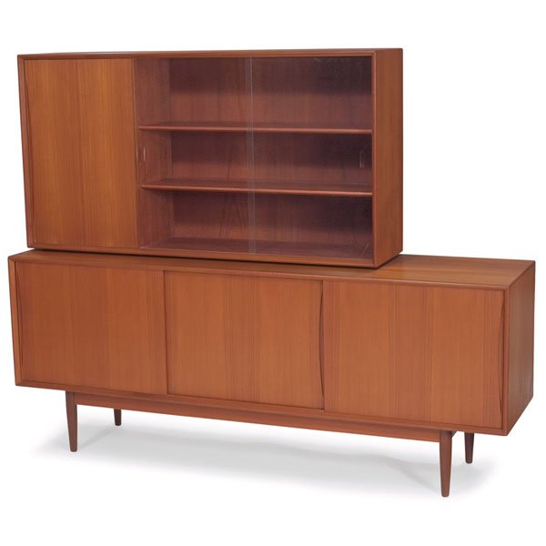 Danish Modern cabinet and hutch, teak, two pieces: Danish Modern cabinet and hutch, 1960s, teak, lower cabinet with three sliding doors, upper cabinet with one sliding teak door and two sliding glass doors, original finish, unsigned, lower cabinet: 76
