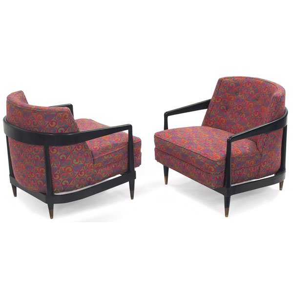 Midcentury lounge chairs, pair, exposed wood frame: Midcentury lounge chairs, pair, designer unknown, sculptural exposed wood frames with the original ebonized finish, rounded backrests, brass caps to feet, reupholstered, original finish, unsigned, 28"