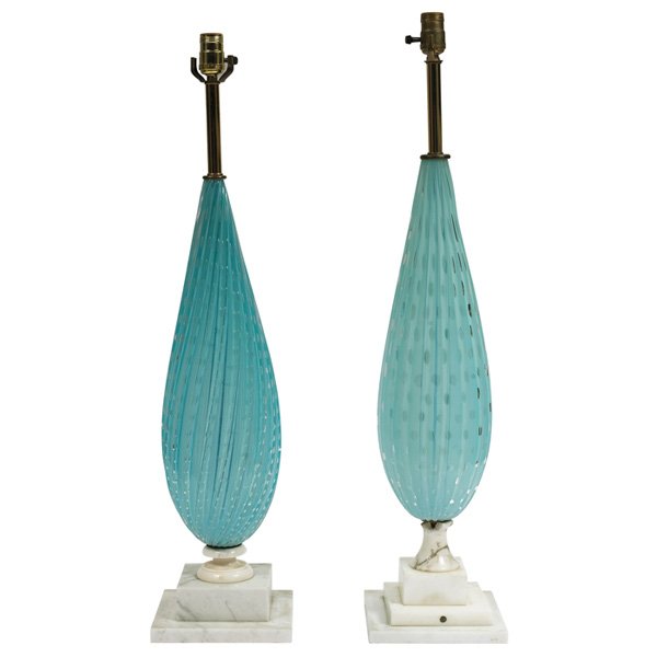 Italian glass table lamps, pair blue glass, marble: Italian glass table lamps, pair, Murano, Italy, blue glass forms with twist design and controlled bubble inclusions, white marble bases, bases differ, glass portion only: 20.5"h, no harps or shades, c
