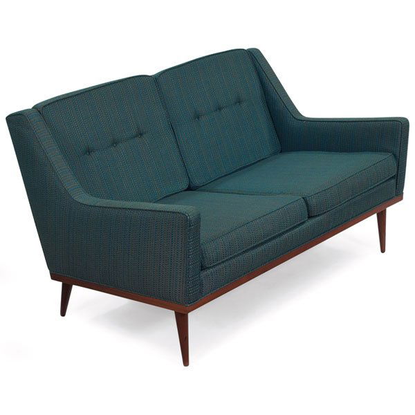 Milo Baughman settee, Thayer Coggin: Milo Baughman settee, by Thayer Coggin, angled armrests, wood platform base and tapered legs, original blue-green upholstery, original finish, signed with Thayer Coggin label, 48.5"w x 31"d x 28.5"h,