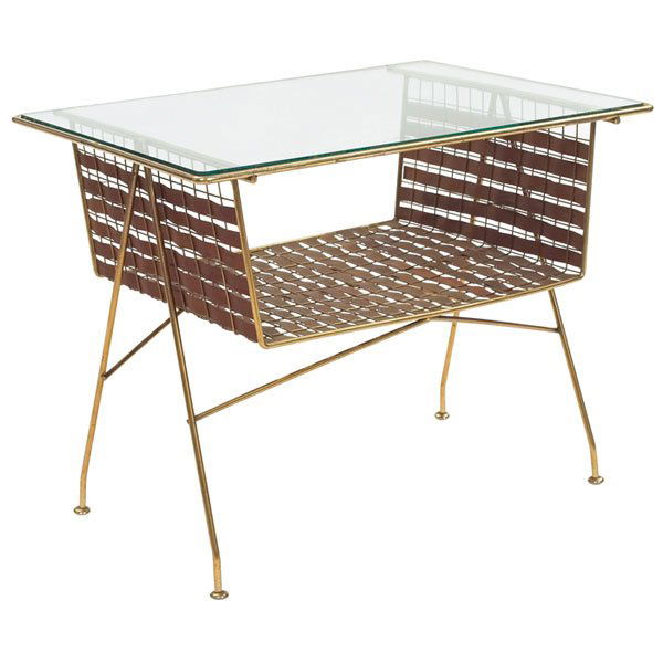 Tony Paul magazine table: Tony Paul magazine table, Interlace Collection, brass frame, woven wood strips, original inset glass top, original finish, 23.25"w x 17.75"d x 18.75"h, very good original condition