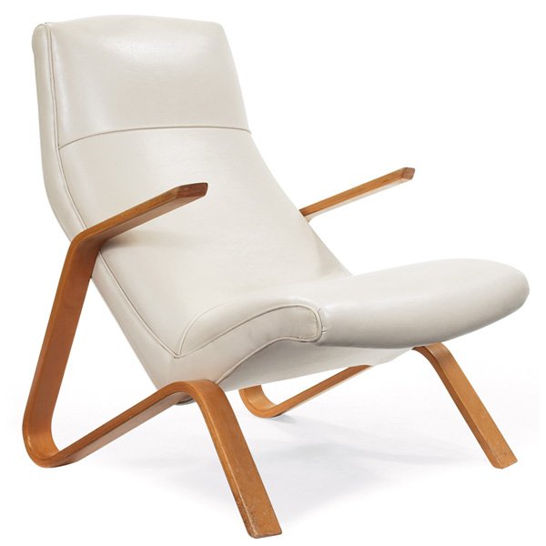 Eero Saarinen Grasshopper chair, Knoll, birch: Eero Saarinen Grasshopper chair, by Knoll, 1950s, birch bentwood frame, white vinyl upholstery, reupholstered, original finish, 26"w x 32"d x 35"h, very good original condition