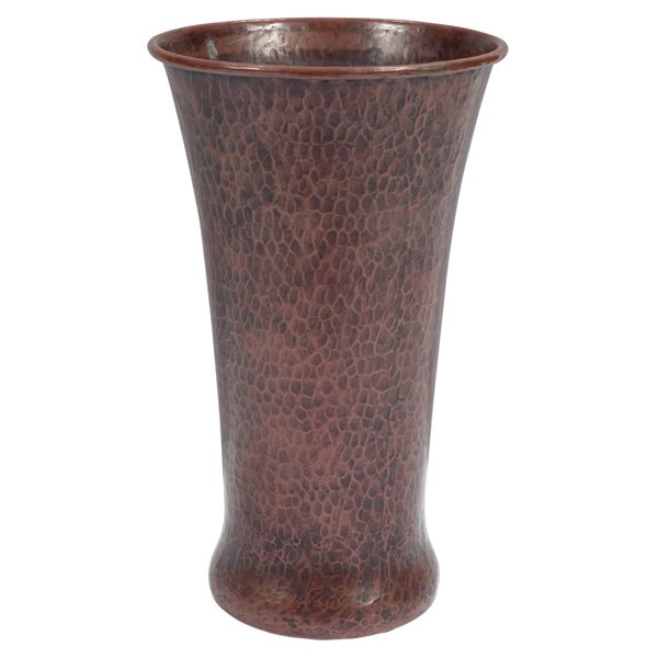 Gustav Stickley vase: Good Gustav Stickley vase, #107, tapered form, in hammered copper, fine original patina, signed, 6.25"dia x 10.5"h