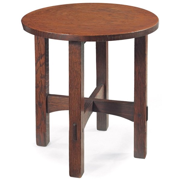 Gustav Stickley tabouret: Gustav Stickley tabouret, #602, circular top above an arched cross-stretcher base supported by thru-tenon construction, refinished, unsigned, 16"dia x 18"h, good condition