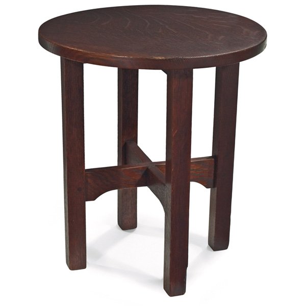 Gustav Stickley tabouret: Gustav Stickley tabouret, #601, circular top above a notched cross-stretcher base, refinished, unsigned, chip to leg, 14"dia x 16"h, good condition