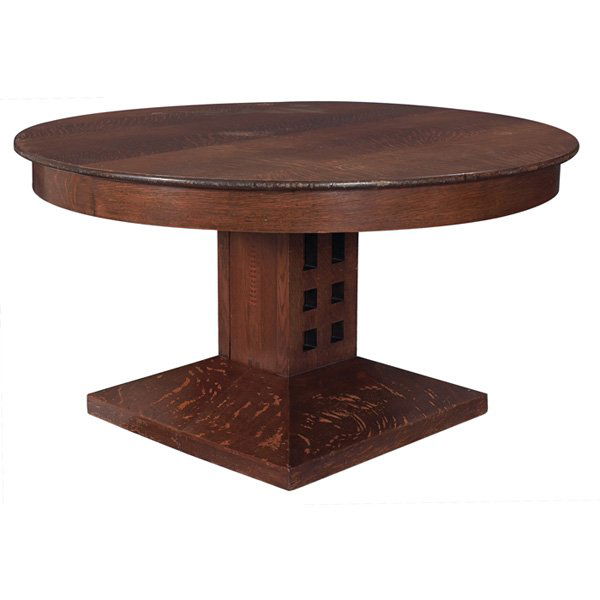 Shop of the Crafters dining table: Rare Shop of the Crafters dining table, circular top above a pedestal base with organic inlaid design and cut-outs, two 11" leaves, 54"dia x 30"h, some wear to finish, very good condition