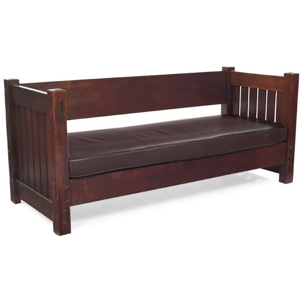 Gustav Stickley settle: Gustav Stickley settle, #210, early knock-down form with desirable 12" horizontal board at back and slatted sides supported by thru-tenon construction and pull-pegs, original foundation has been alter
