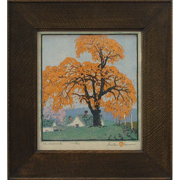 Gustave Baumann "The Landmark": Gustave Baumann (German/American, 1881-1971) "The Landmark," 1916, color woodblock print, pencil signed, titled and numbered, hand-heart chop mark, edition 35 of 100, 11" x 10", framed