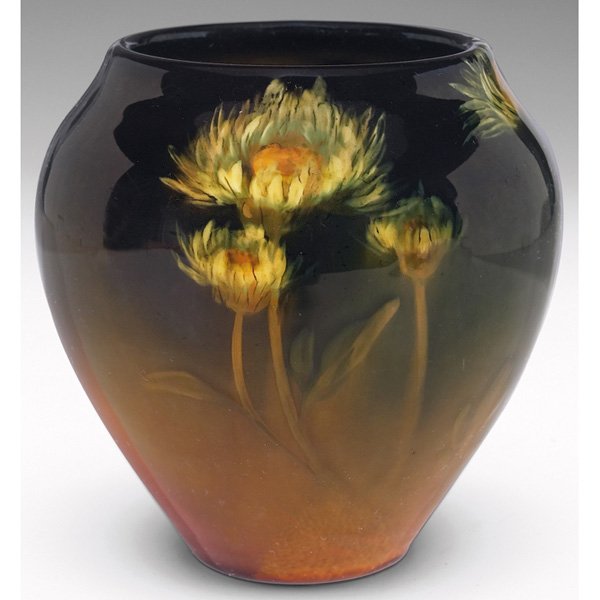 Rookwood vase: Rookwood vase, bulbous shape in a Standard glaze, nicely painted daisies, done by Caroline Steinle in 1909, #1343, 5"w x 5"h