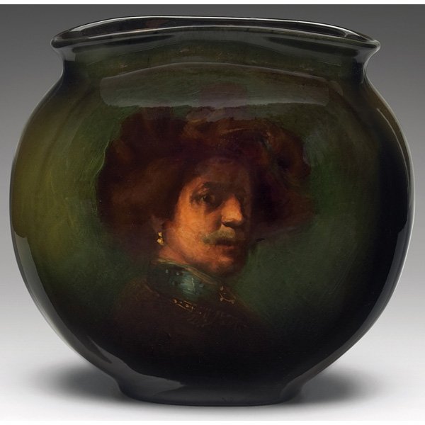 Rookwood vase: Rookwood vase, pillow shape in a Standard glaze, portrait of a man nicely painted by Grace Young in 1896, #707A, 8"w x 8"h, Grace Young was one of Rookwood's best portrait artists