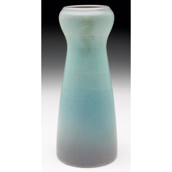 Rookwood vase: Rookwood vase decorated by Sally Coyne in 1915, Vellum glaze, with an underwater scene showing three sea horses, #1656E, 3"w x 7.5"h