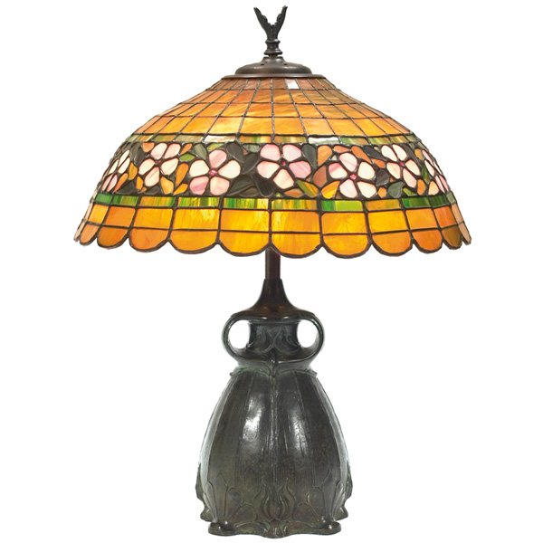 Pittsburgh owl lamp: Pittsburgh owl lamp, with a floral leaded glass shade attributed to Unique Art Glass & Metal Co., supported by a two-handled bronze base, unsigned, sockets replaced, 18.5"dia x 23"h, very good conditi