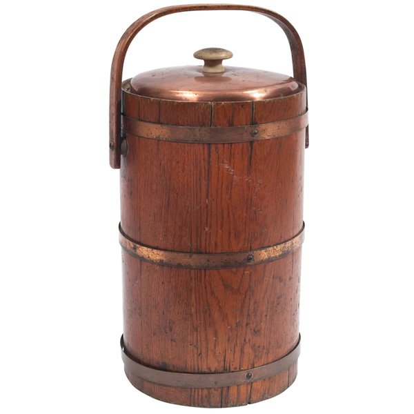 Arts & Crafts ice bucket: Arts & Crafts ice bucket, slatted form with copper band, Thermos metal tag to base, 8"dia x 17"h, good condition