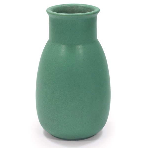 Teco vase: Teco vase, shape #399, designed by W. D. Gates, bulbous form covered in green matte glaze, signed, 4"dia x 6.75"h