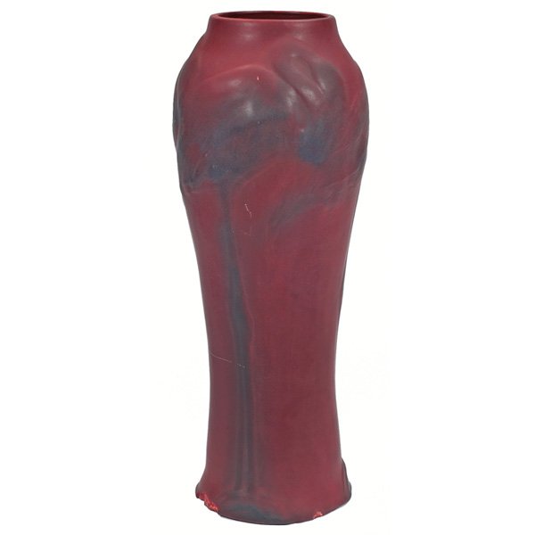 Van Briggle vase: Van Briggle vase, large post 1920s form with flamingo motif covered in a maroon matte glaze, damage to base, signed, 8"dia x 22"h