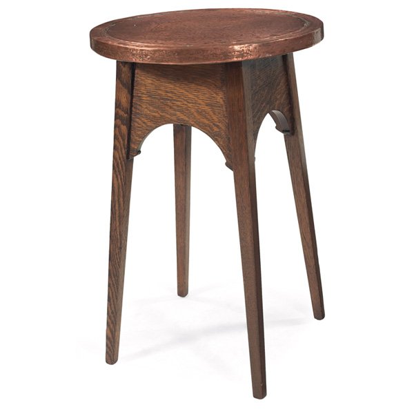 Stickley Brothers drink stand: Stickley Brothers drink stand, #2615, copper top supported by tapered legs and an arched apron, refinished, some damage to copper, 18"dia x 28"h, very good condition