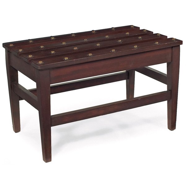 Arts & Crafts luggage rack: Arts & Crafts luggage rack, manufactured by the Grand Ledge Chair Co., Grand Ledge, Michigan, slatted top with brass tacks supported by tapered legs, partial paper label, some restoration to original 