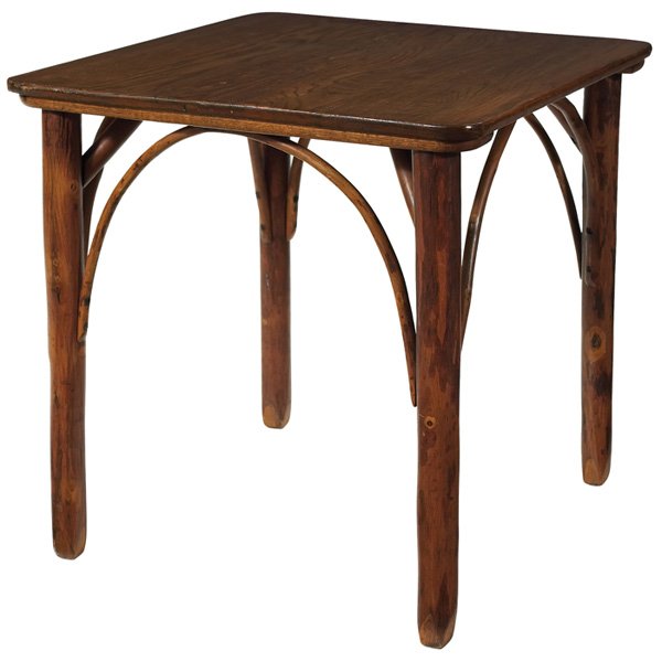 Old Hickory table: Old Hickory table, square top above a bent-twig base, branded signature, original finish, 30"w x 30"d x 30"h, very good condition