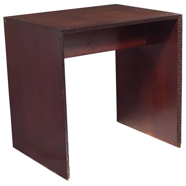 Frank Lloyd Wright dual table: Frank Lloyd Wright dual table, manufactured by Heritage Henredon, Taliesin design at edges, fits inside the knee-hole compartment of desk, some retouch to original finish, edge chips, signed with red